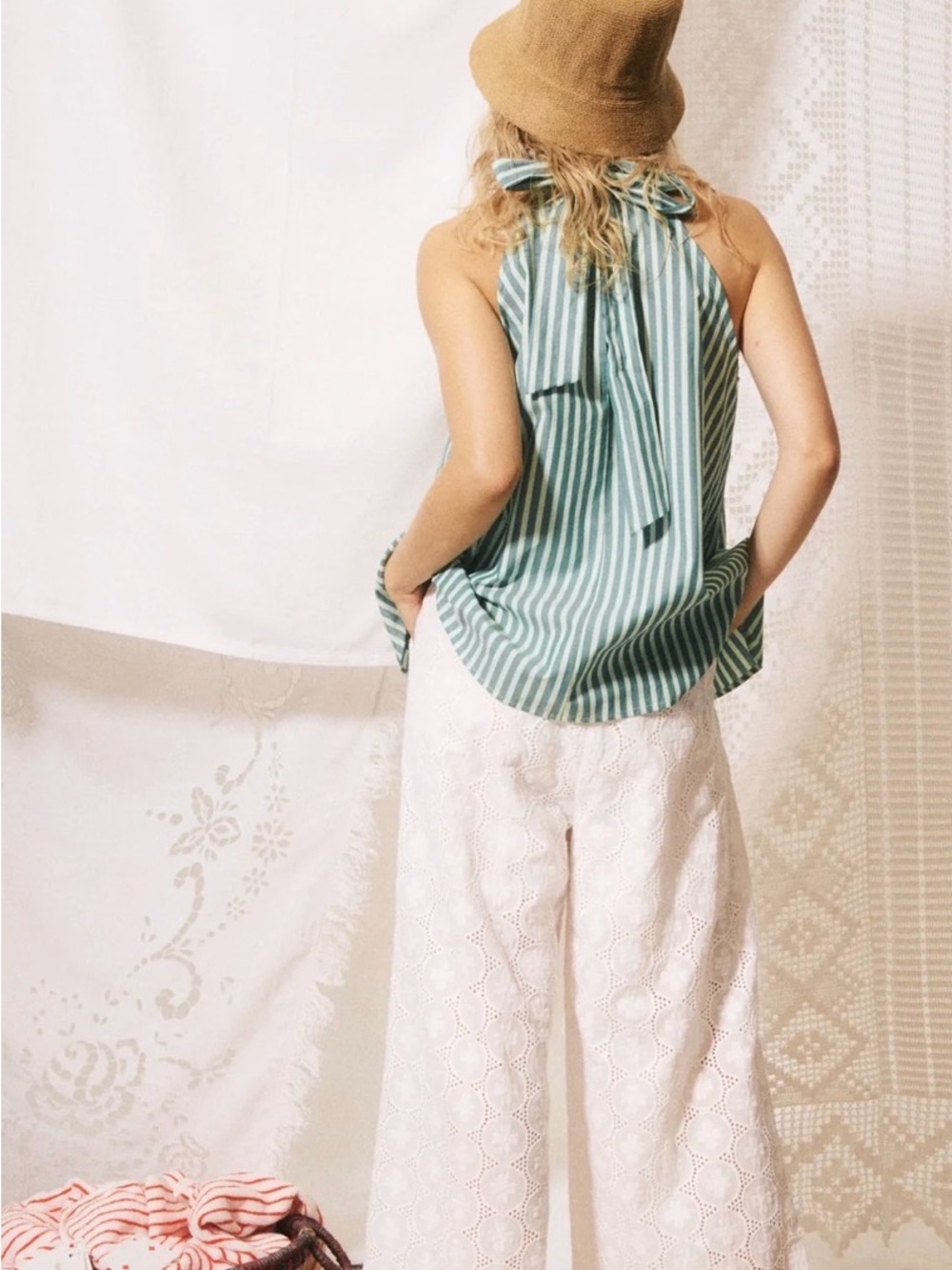 FRNCH Green Stripe Tie-Halter Blouse